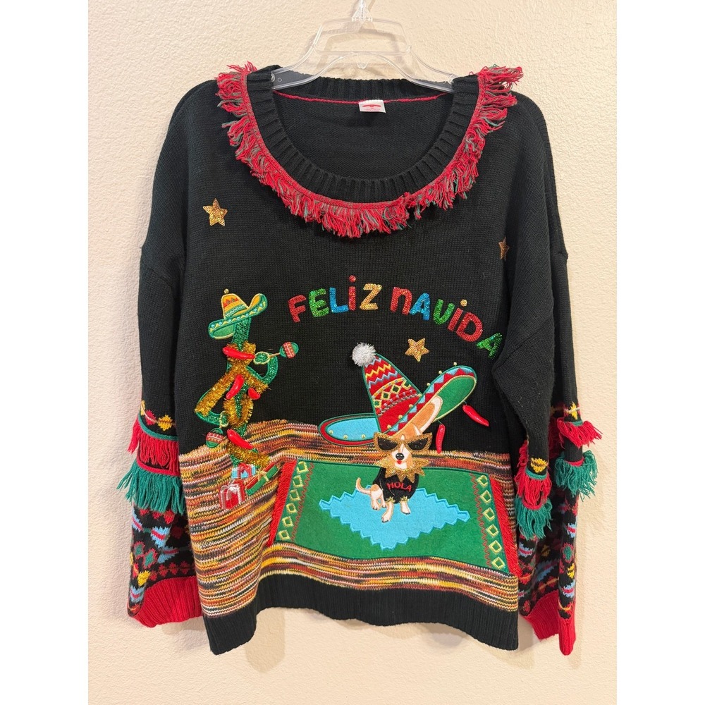 Holiday Time Feliz Navidad Sweater Womens 1X Black Excellent Chihuahua Cactus